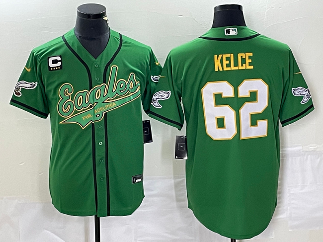 Men's Green Gold Philadelphia Eagles #62 Jason Kelce With C Patch Cool Base Stitched Baseball Jersey